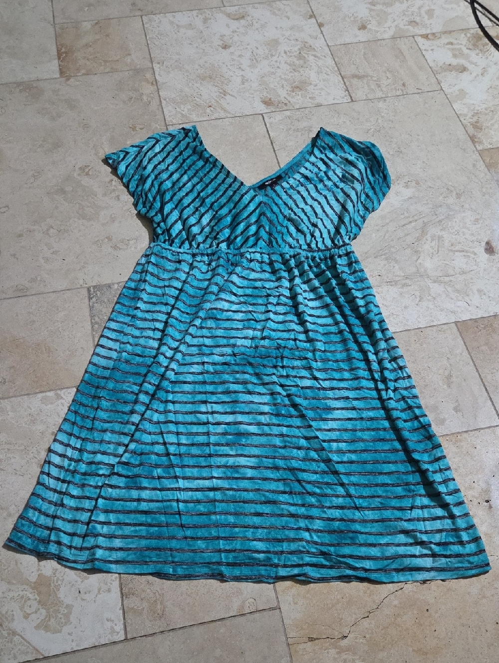 Style & Co Size Large Turquoise Dress with Black Stripes – Plunging Front & Back